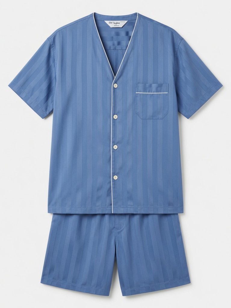 Neiman Marcus By Bonsoir Men Blue Tonal Stripe Cotton Pajama Short Set